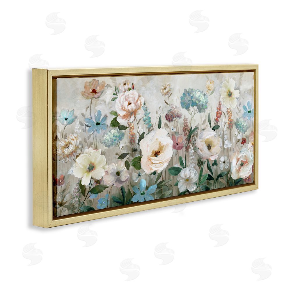 Nan Pastel Garden of Peonies Gold Floating Frame Canvas Wall Art Print