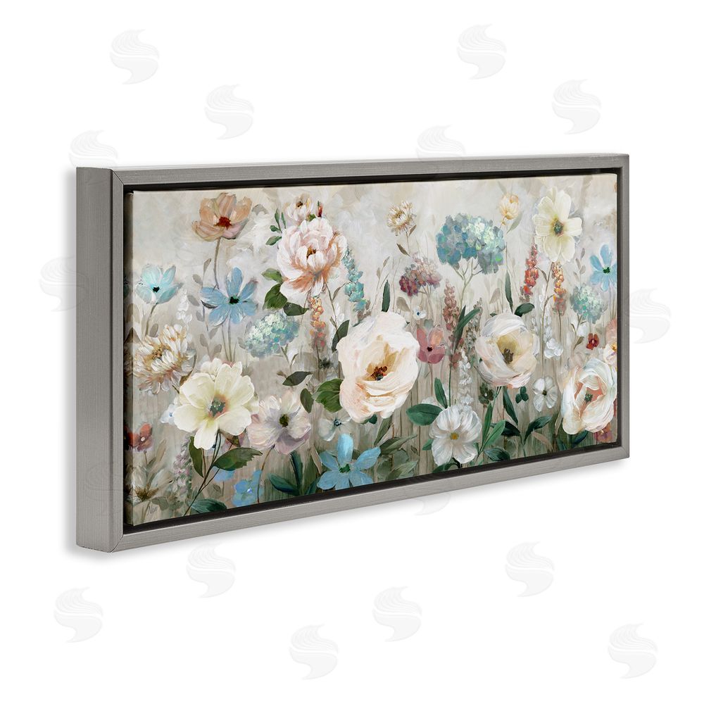 Nan Pastel Garden of Peonies Gray Floating Frame Canvas Wall Art Print