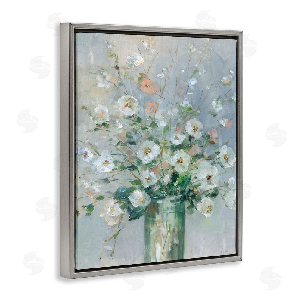 Sally Swatland Delicate White Blossoms Impression Gray Floating Frame Canvas Wall Art Print