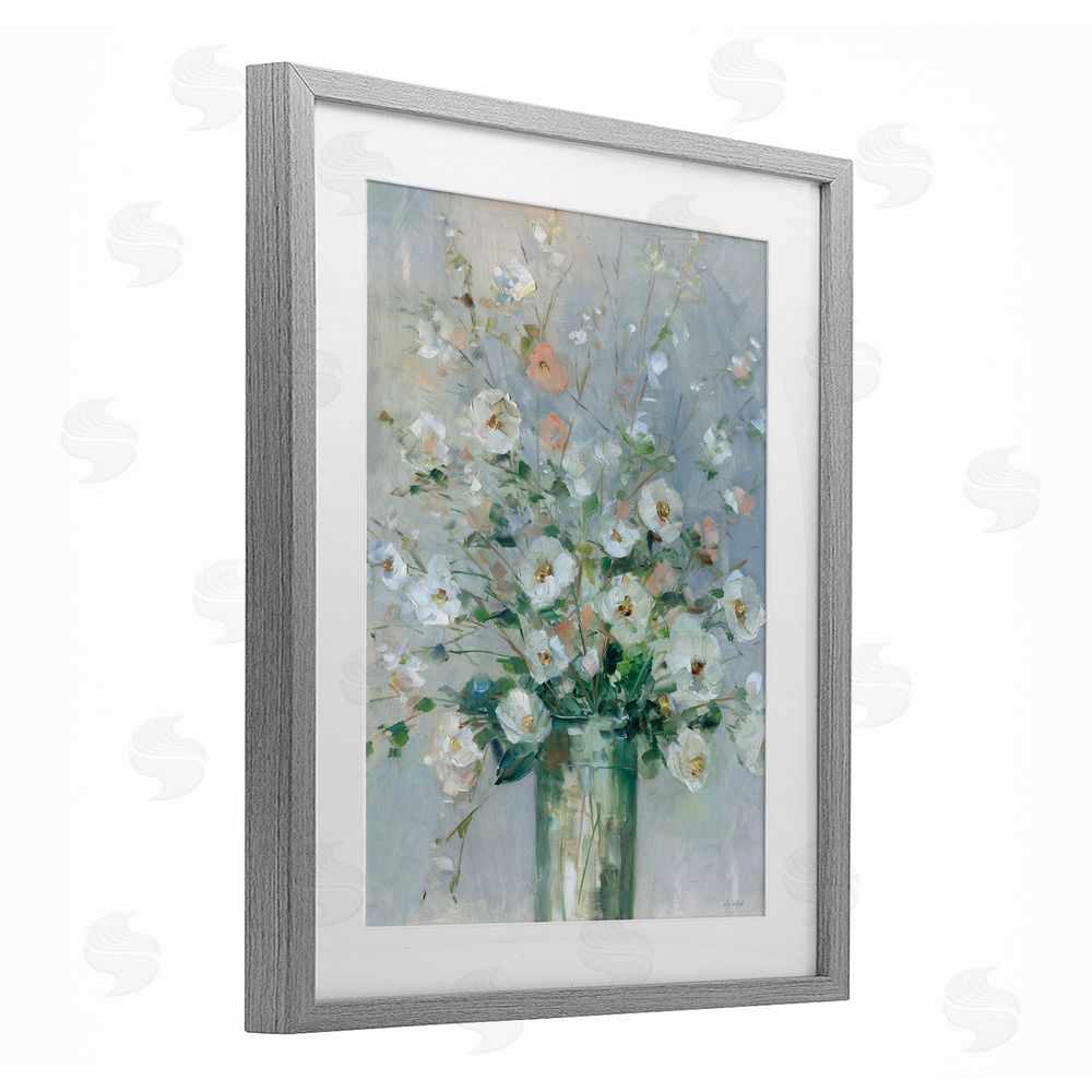 Sally Swatland Delicate White Blossoms Impression Gray Framed Print Under Glass Wall Art