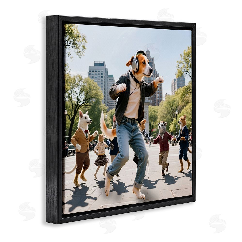 CAD Designs Stylish Dog Dancing in Park Black Floating Frame Canvas Wall Art Print