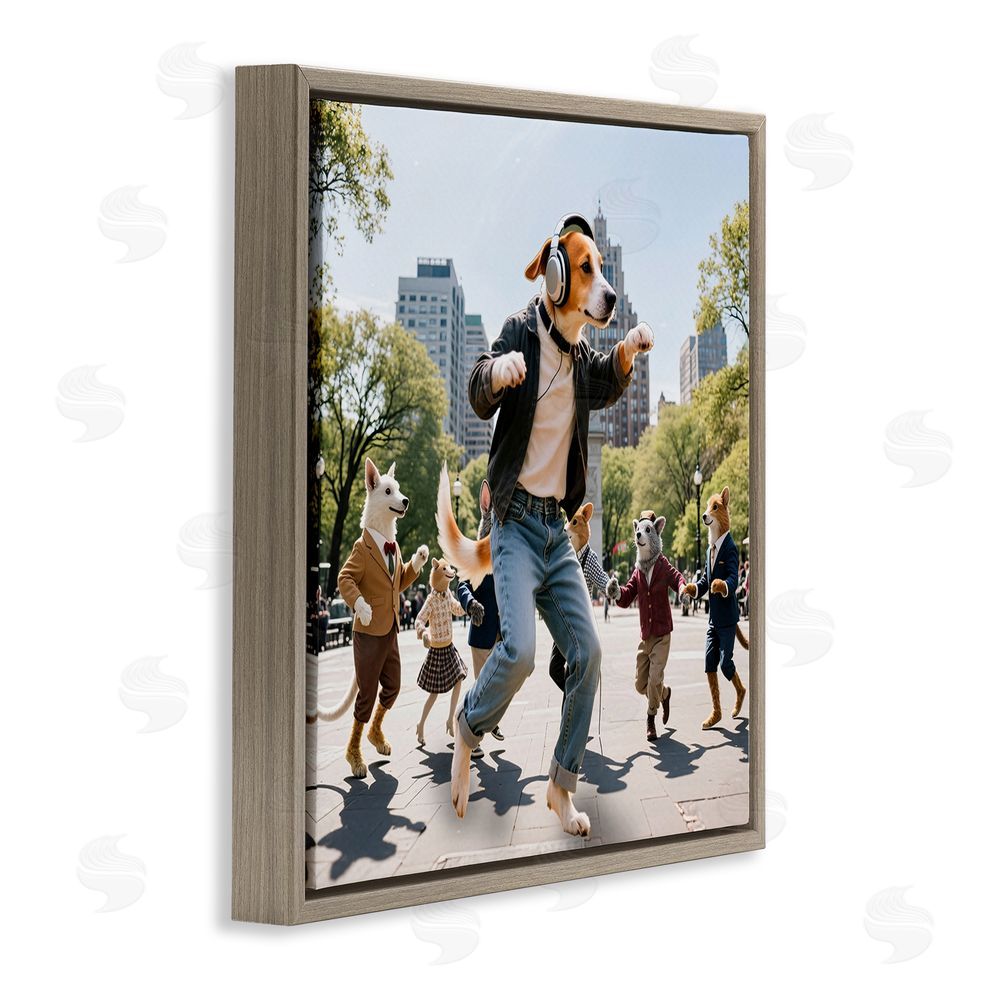 CAD Designs Stylish Dog Dancing in Park Brown Floating Frame Canvas Wall Art Print