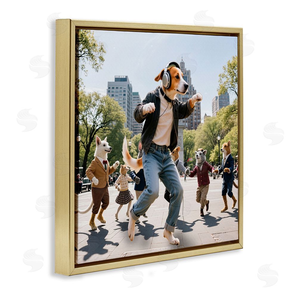 CAD Designs Stylish Dog Dancing in Park Gold Floating Frame Canvas Wall Art Print