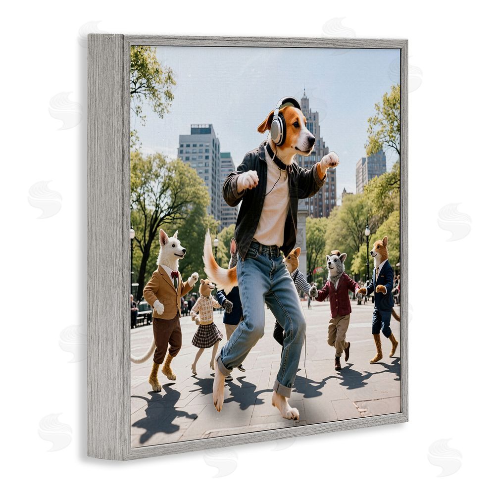 CAD Designs Stylish Dog Dancing in Park Gray Framed Giclee Wall Art Print