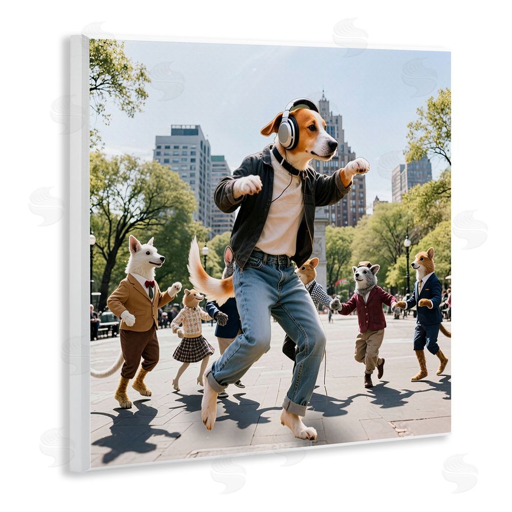 CAD Designs Stylish Dog Dancing in Park Wooden Wall Plaque Art Print