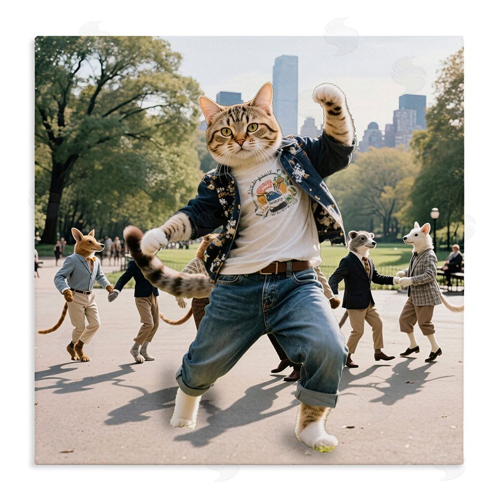 CAD Designs Stylish Cat Dancing in Park Stretched Canvas Wall Art Print