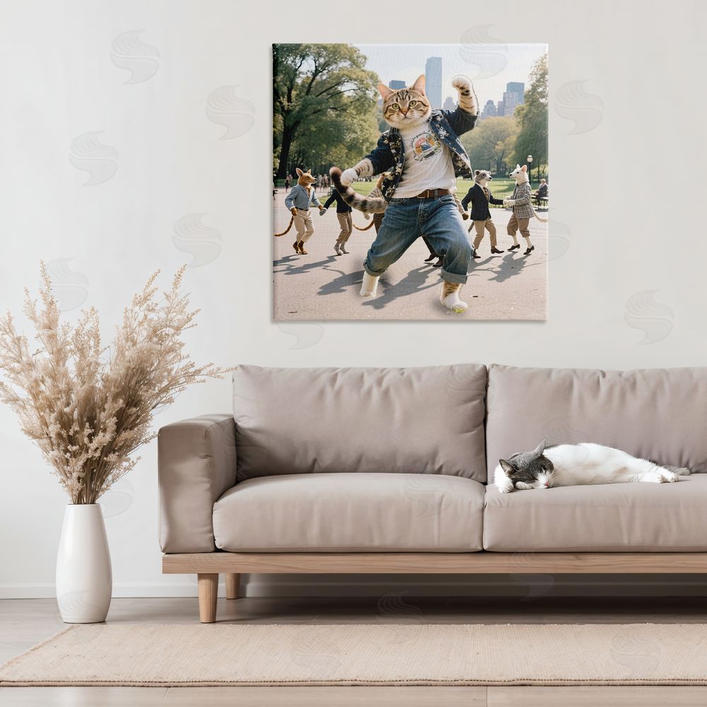 CAD Designs Stylish Cat Dancing in Park Stretched Canvas Wall Art in Room