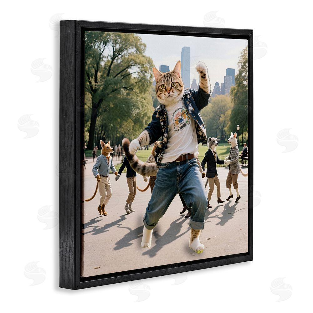 CAD Designs Stylish Cat Dancing in Park Black Floating Frame Canvas Wall Art Print