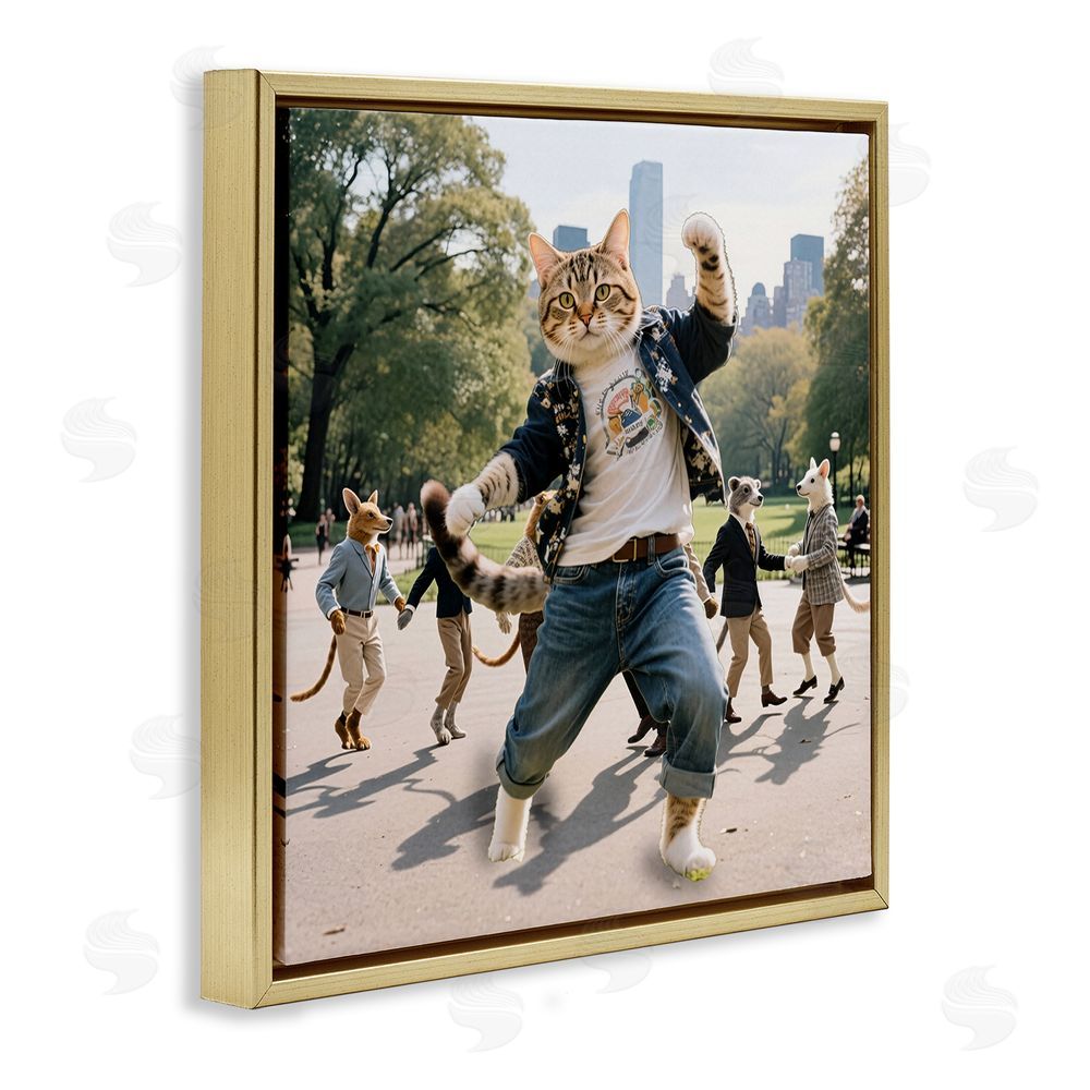 CAD Designs Stylish Cat Dancing in Park Gold Floating Frame Canvas Wall Art Print