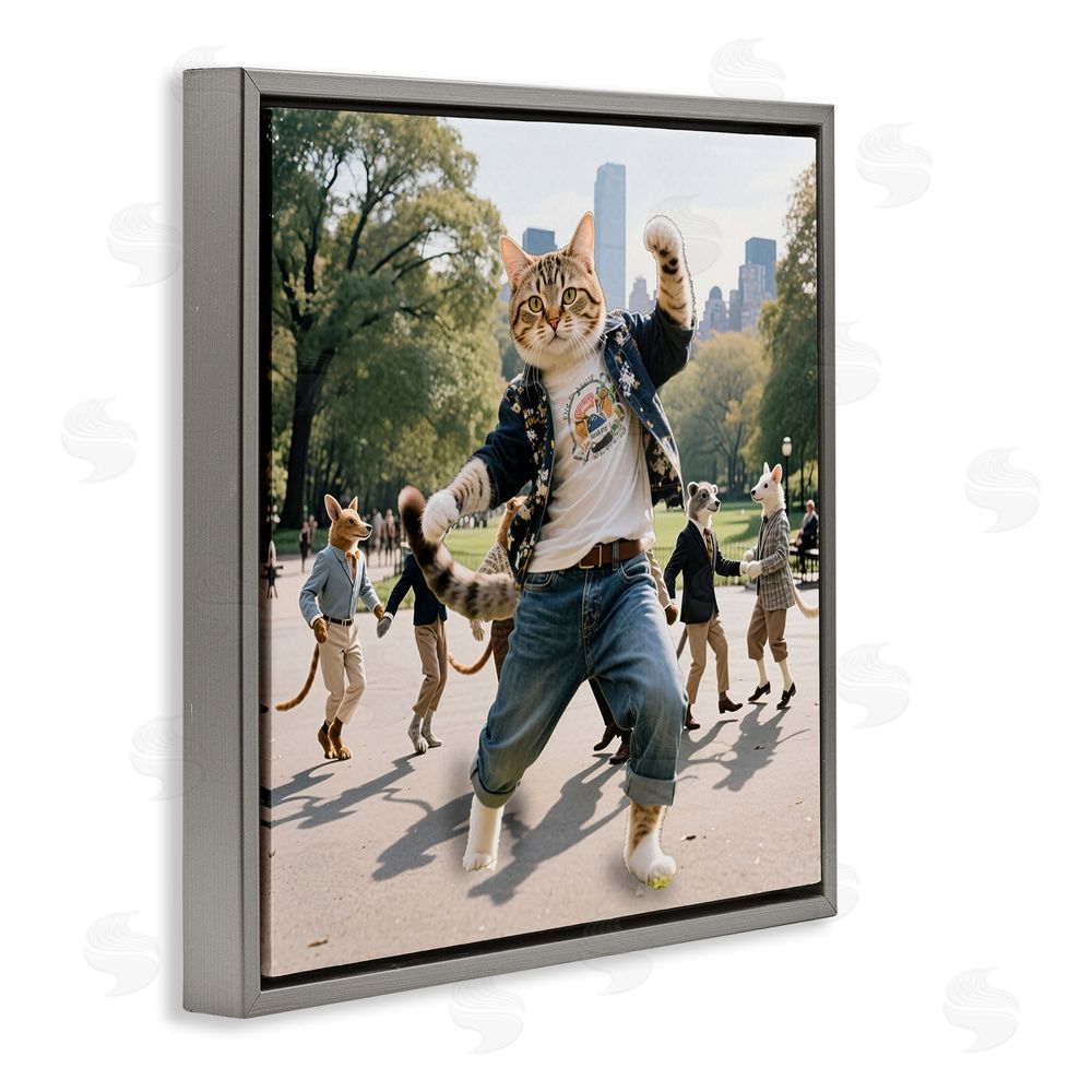 CAD Designs Stylish Cat Dancing in Park Gray Floating Frame Canvas Wall Art Print