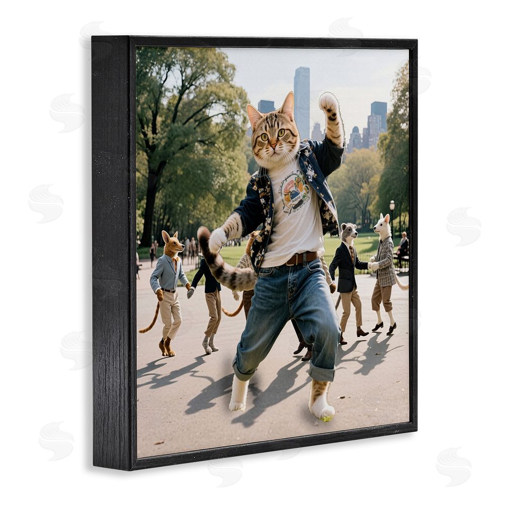 CAD Designs Stylish Cat Dancing in Park Black Framed Giclee Wall Art Print