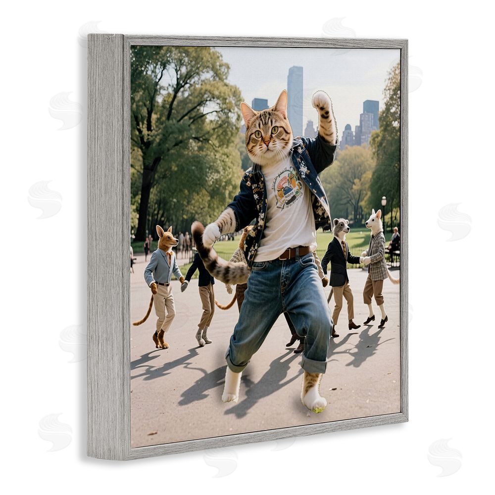 CAD Designs Stylish Cat Dancing in Park Gray Framed Giclee Wall Art Print