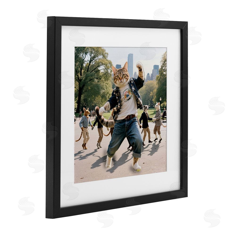 CAD Designs Stylish Cat Dancing in Park Black Framed Print Under Glass Wall Art