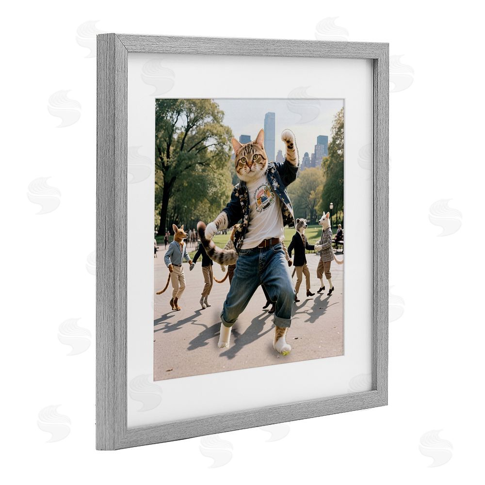 CAD Designs Stylish Cat Dancing in Park Gray Framed Print Under Glass Wall Art