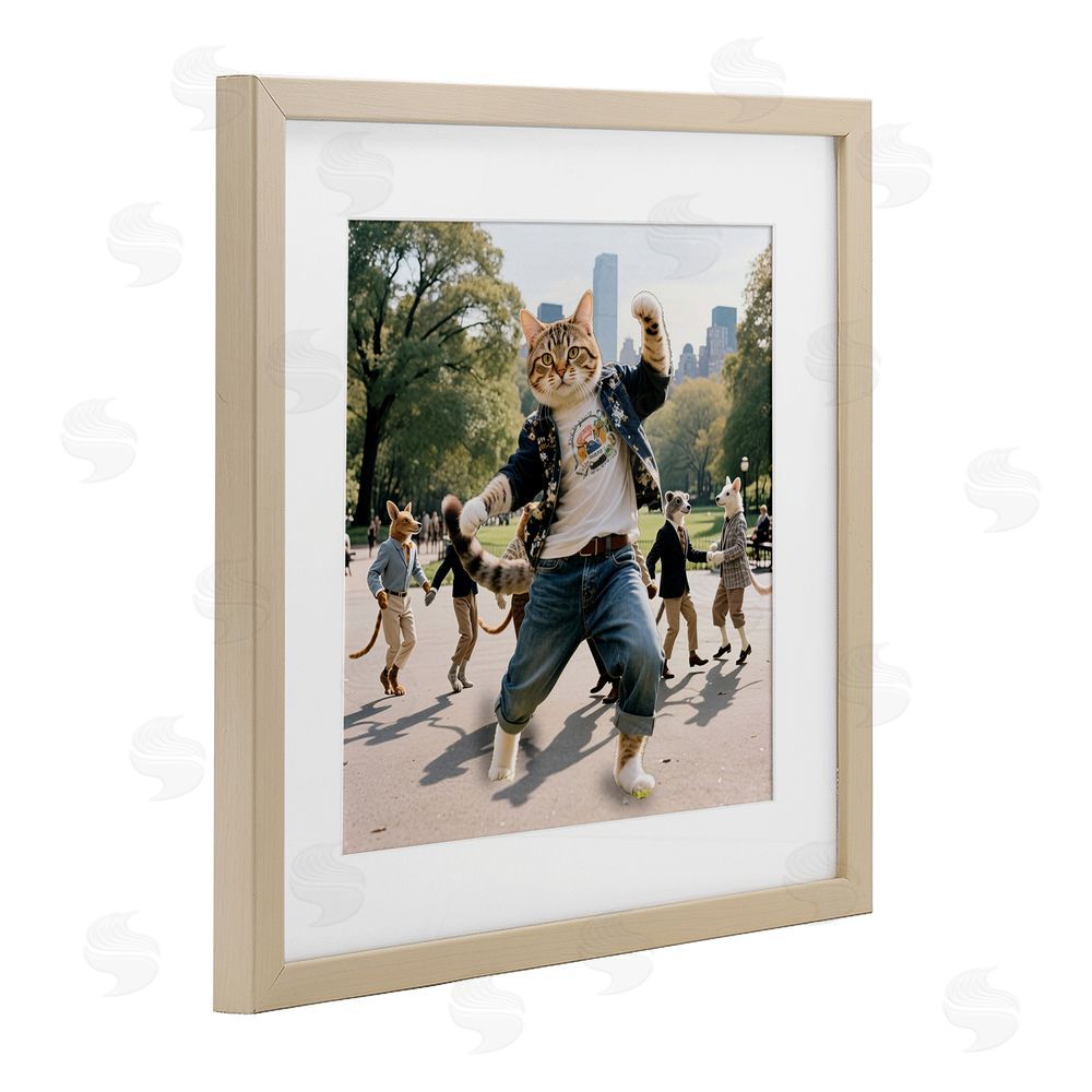 CAD Designs Stylish Cat Dancing in Park Brown Framed Print Under Glass Wall Art