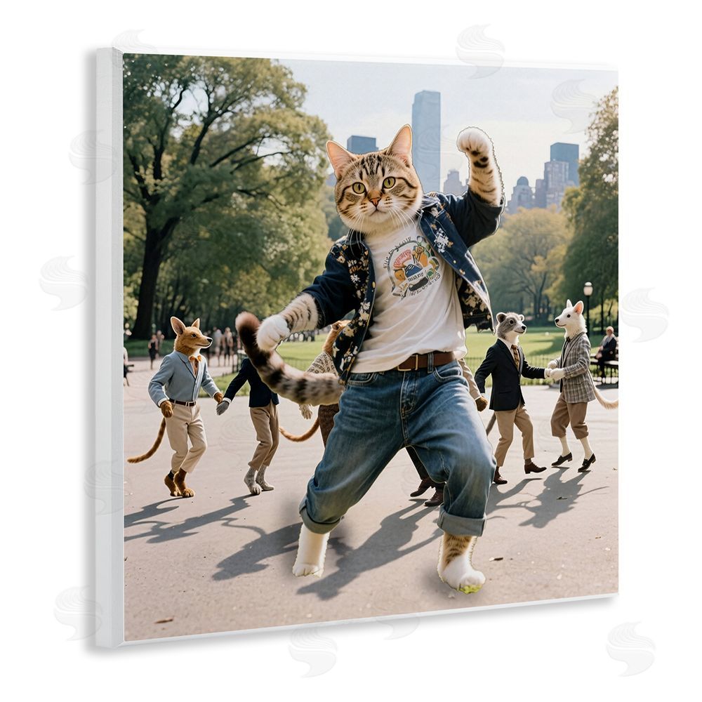 CAD Designs Stylish Cat Dancing in Park Wooden Wall Plaque Art Print