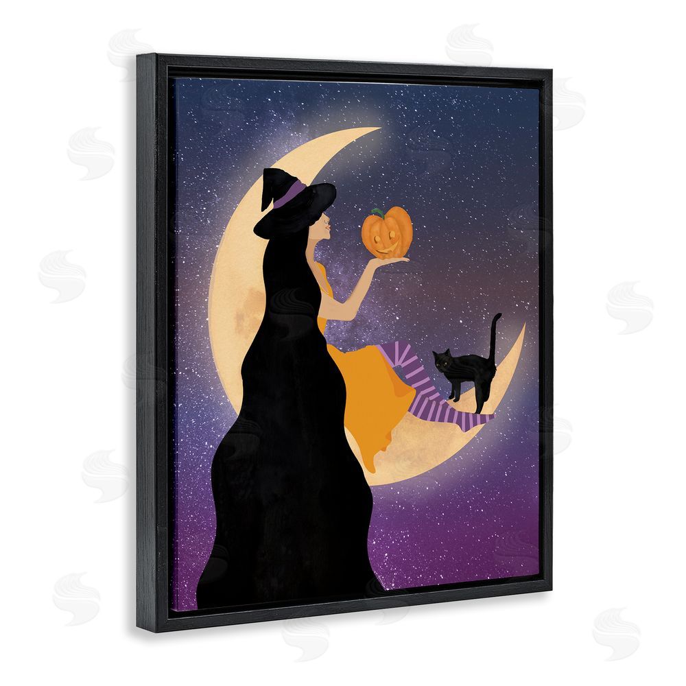 Daniela Santiago Moonlit Witch Holding Jack-o-Lantern Black Floating Frame Canvas Wall Art Print