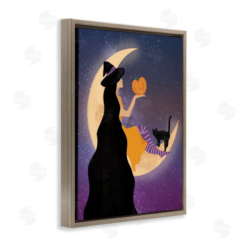 Daniela Santiago Moonlit Witch Holding Jack-o-Lantern Brown Floating Frame Canvas Wall Art Print