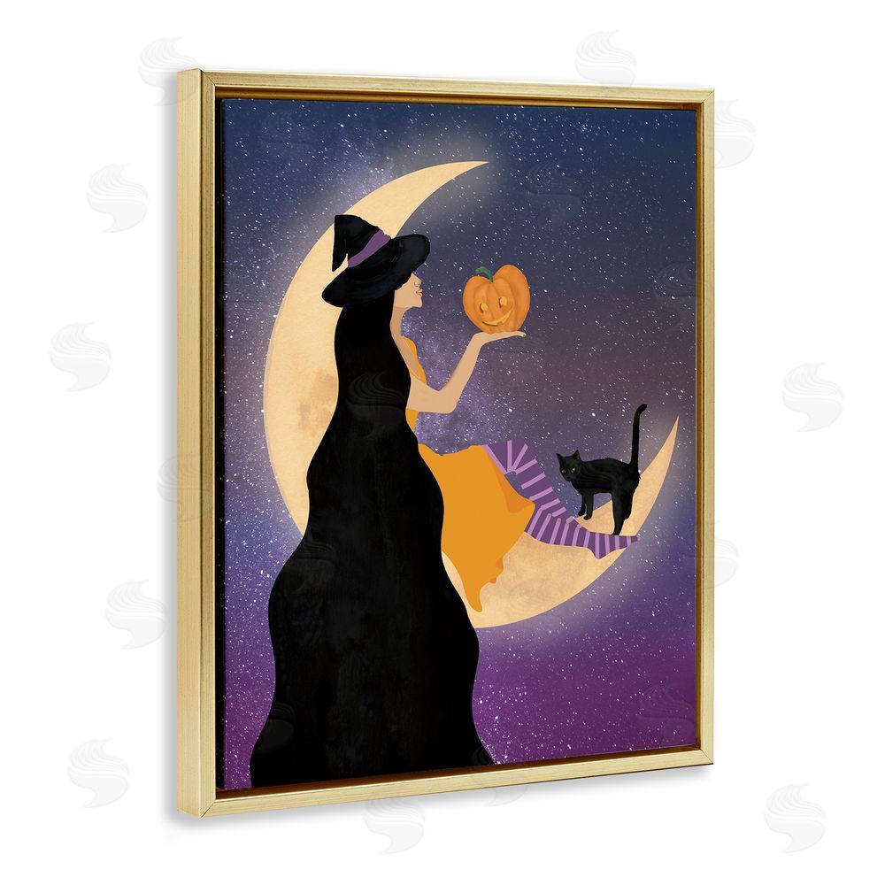 Daniela Santiago Moonlit Witch Holding Jack-o-Lantern Gold Floating Frame Canvas Wall Art Print