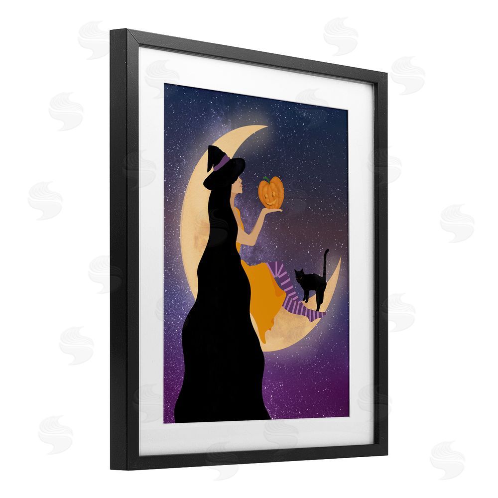 Daniela Santiago Moonlit Witch Holding Jack-o-Lantern Black Framed Print Under Glass Wall Art