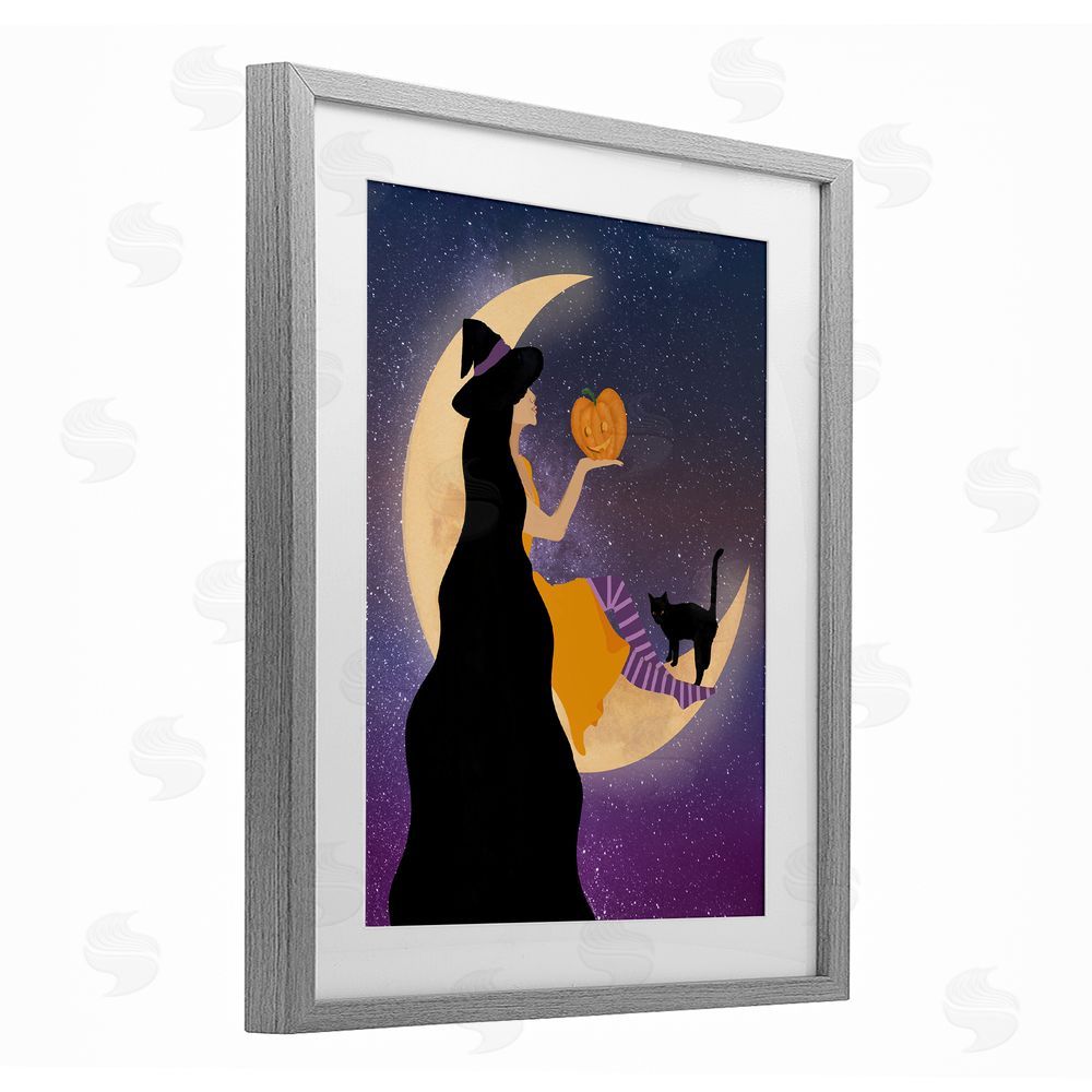 Daniela Santiago Moonlit Witch Holding Jack-o-Lantern Gray Framed Print Under Glass Wall Art