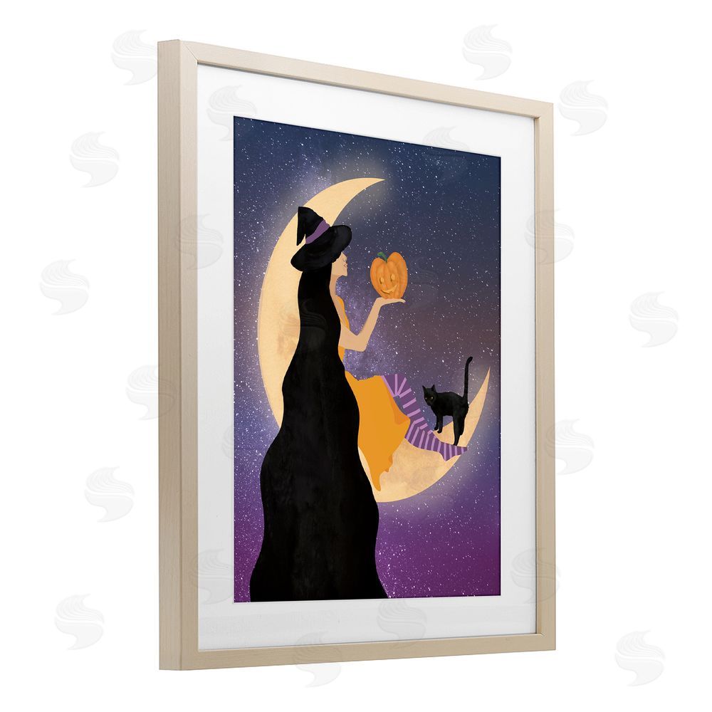 Daniela Santiago Moonlit Witch Holding Jack-o-Lantern Brown Framed Print Under Glass Wall Art