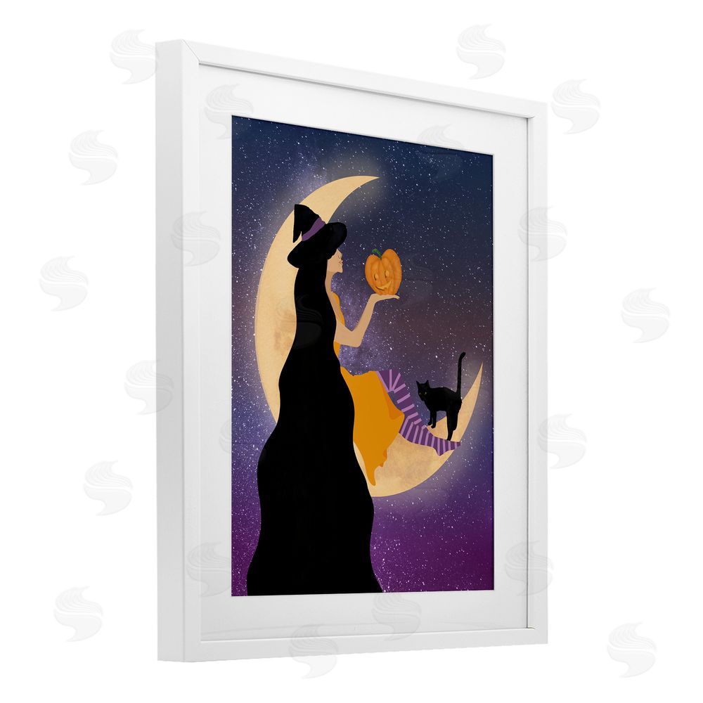 Daniela Santiago Moonlit Witch Holding Jack-o-Lantern White Framed Print Under Glass Wall Art