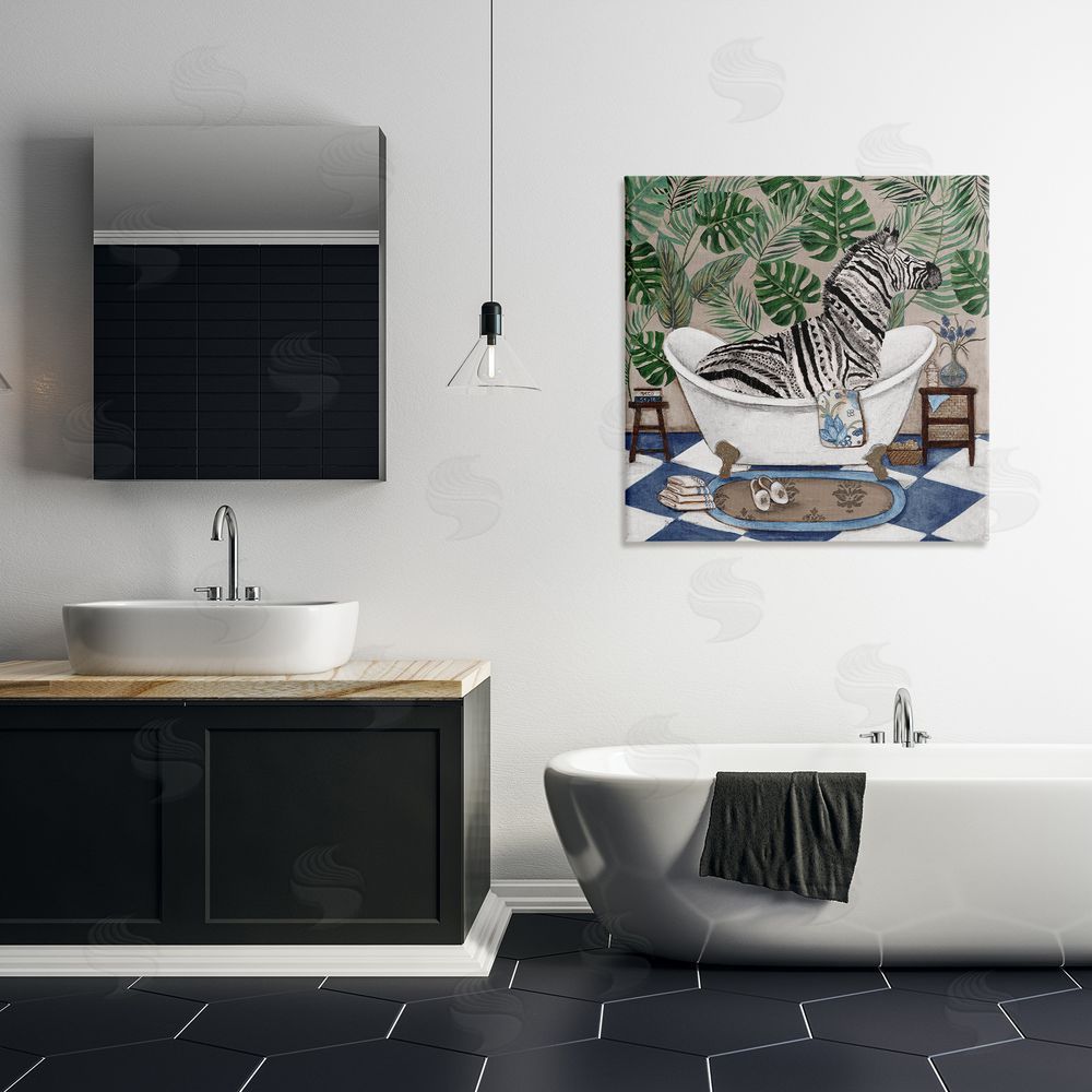 Janet Tava Zebra in Tropical Bathtub Stretched Canvas Wall Art Print in Room