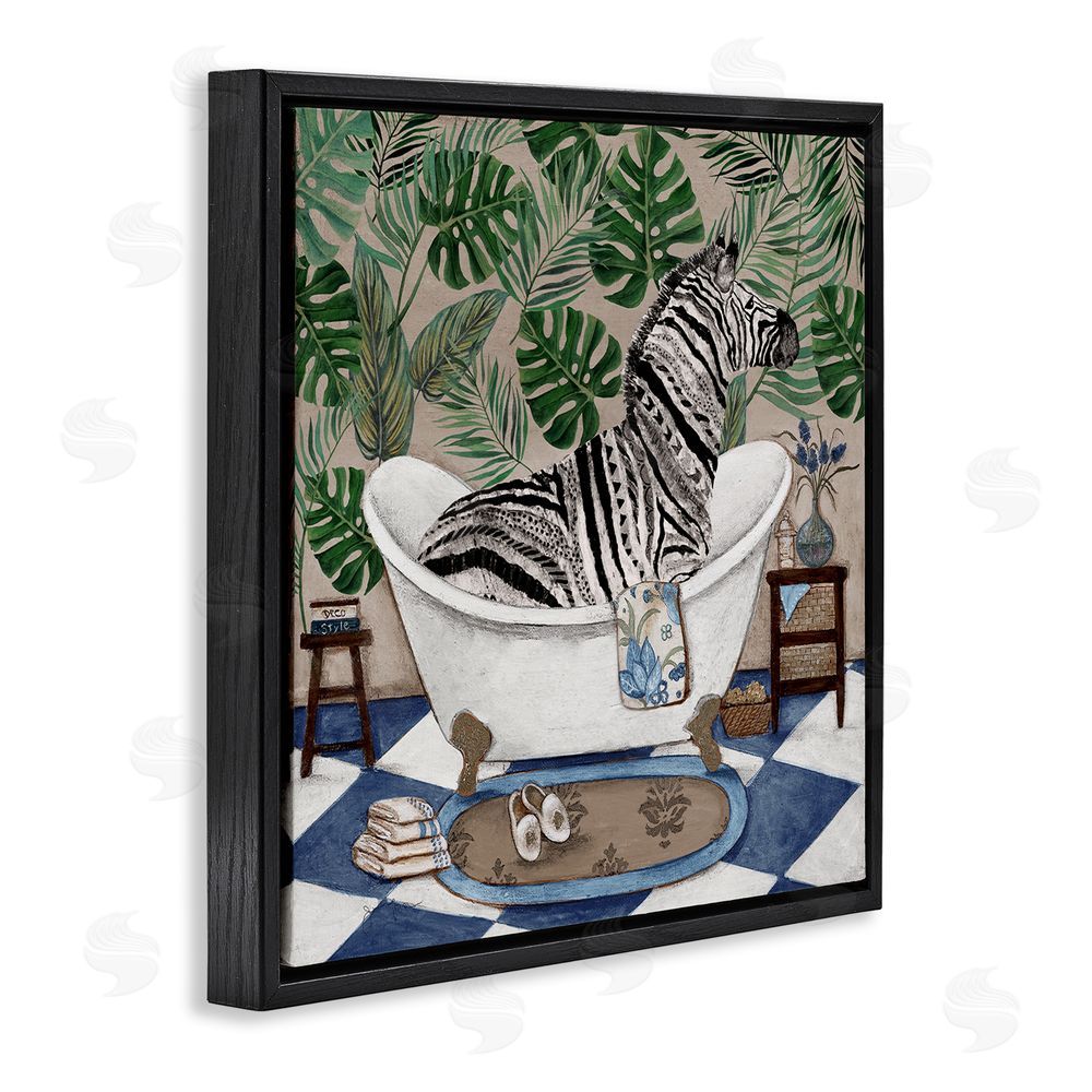 Janet Tava Zebra in Tropical Bathtub Black Floating Frame Stretched Canvas Wall Art Print