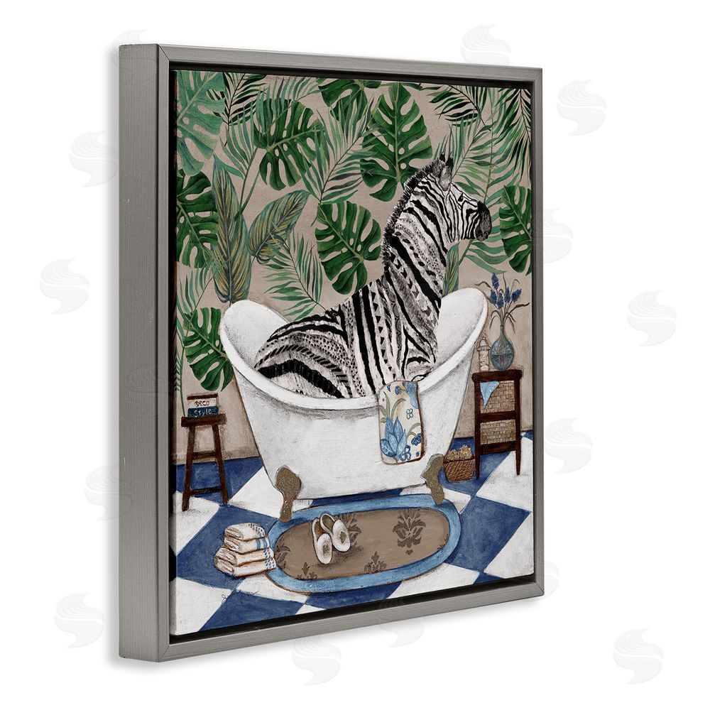 Janet Tava Zebra in Tropical Bathtub Gray Floating Frame Stretched Canvas Wall Art Print