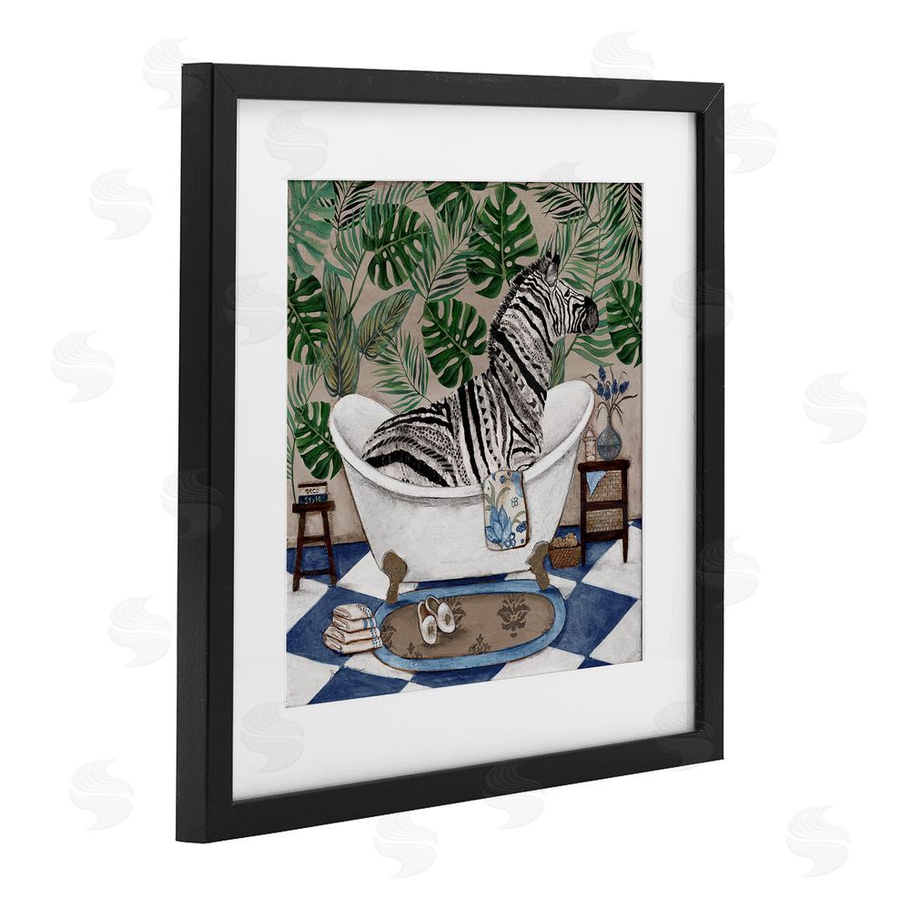Janet Tava Zebra in Tropical Bathtub Black Framed Print Under Glass with Matting Wall Art