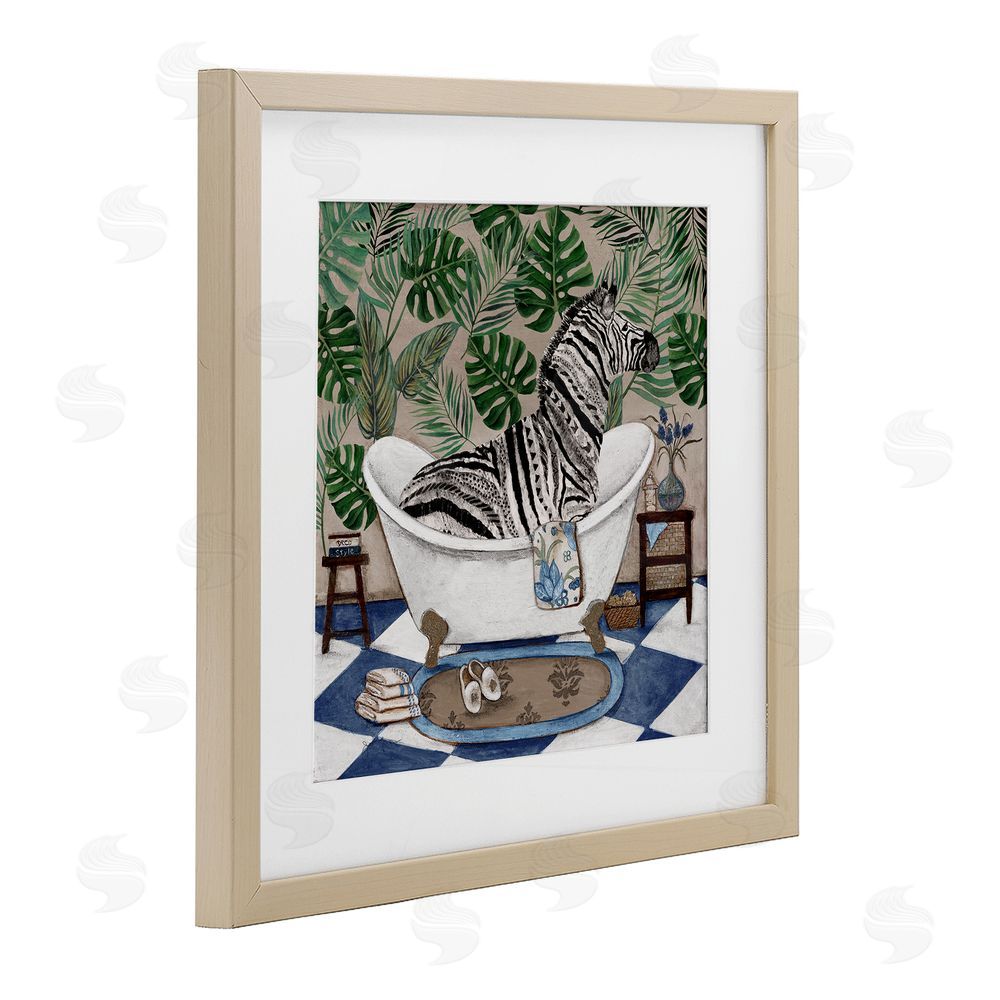 Janet Tava Zebra in Tropical Bathtub Brown Framed Print Under Glass with Matting Wall Art