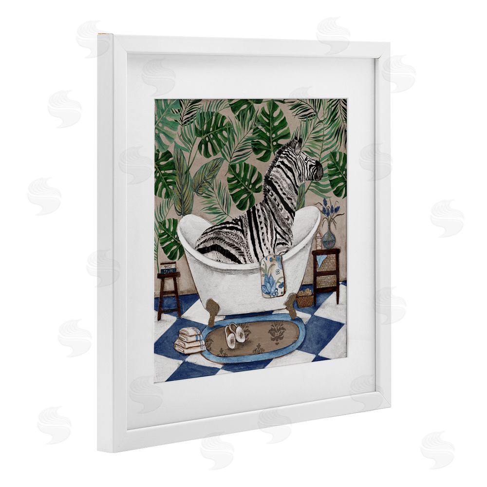 Janet Tava Zebra in Tropical Bathtub White Framed Print Under Glass with Matting Wall Art