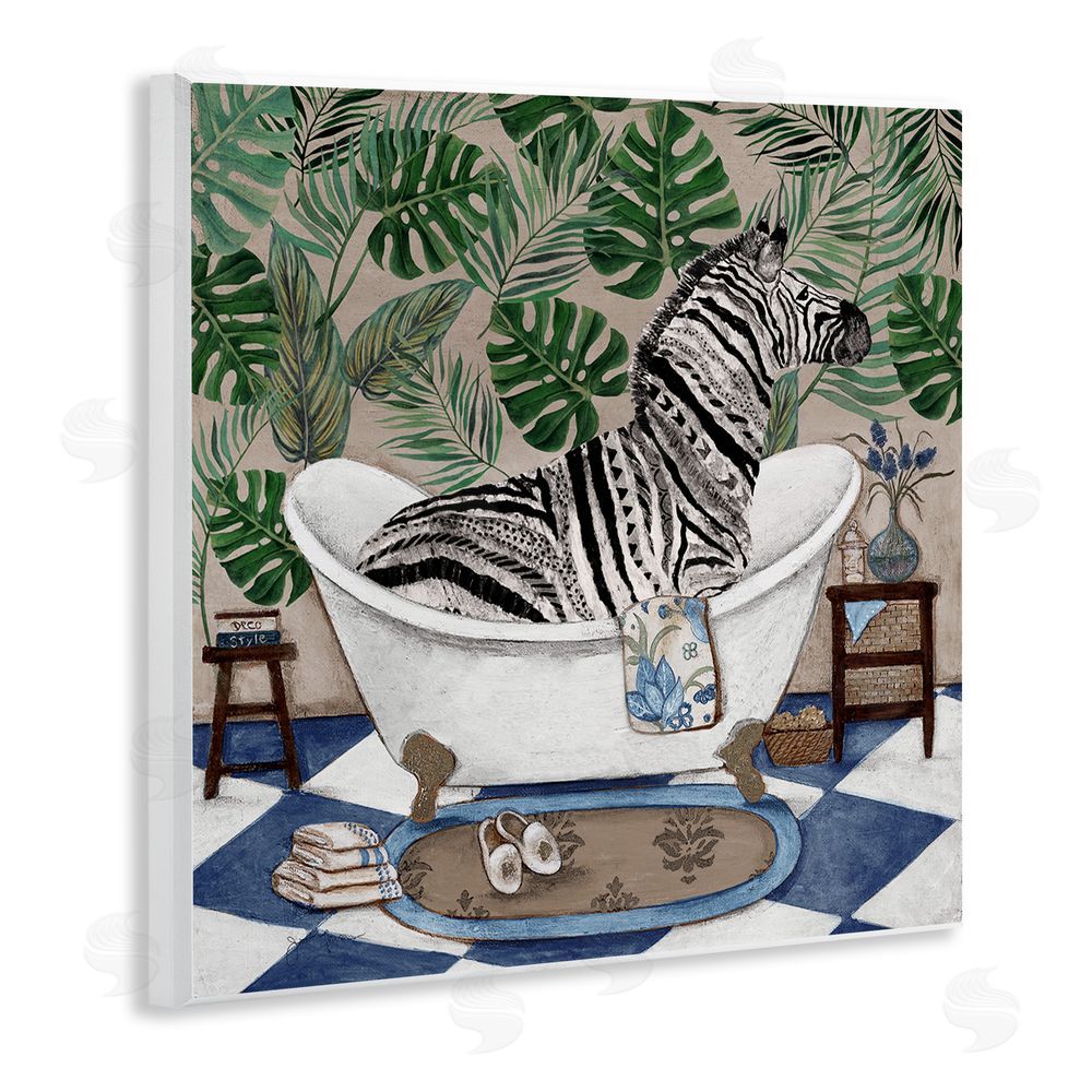 Janet Tava Zebra in Tropical Bathtub Wall Plaque Art Print with White Foil Wrap