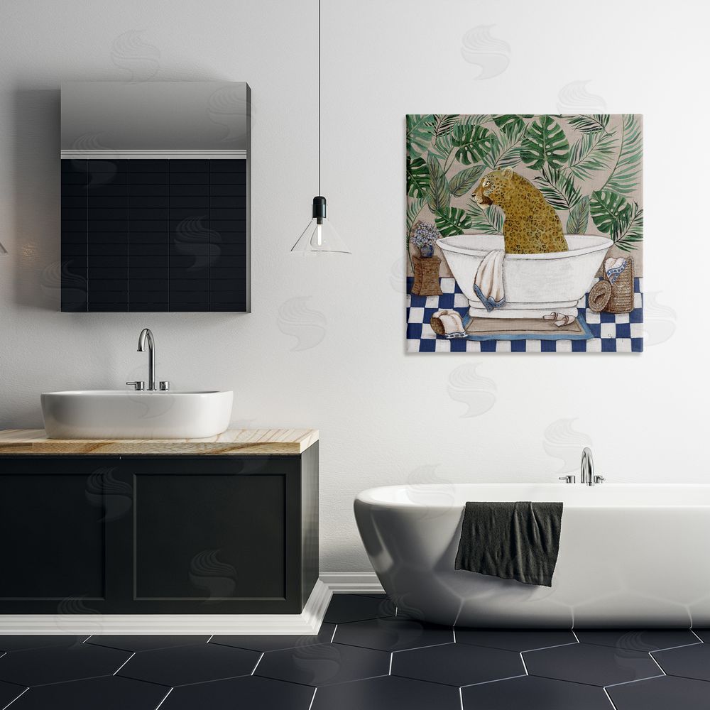 Janet Tava Leopard in Tropical Bathtub Stretched Canvas Wall Art in Room