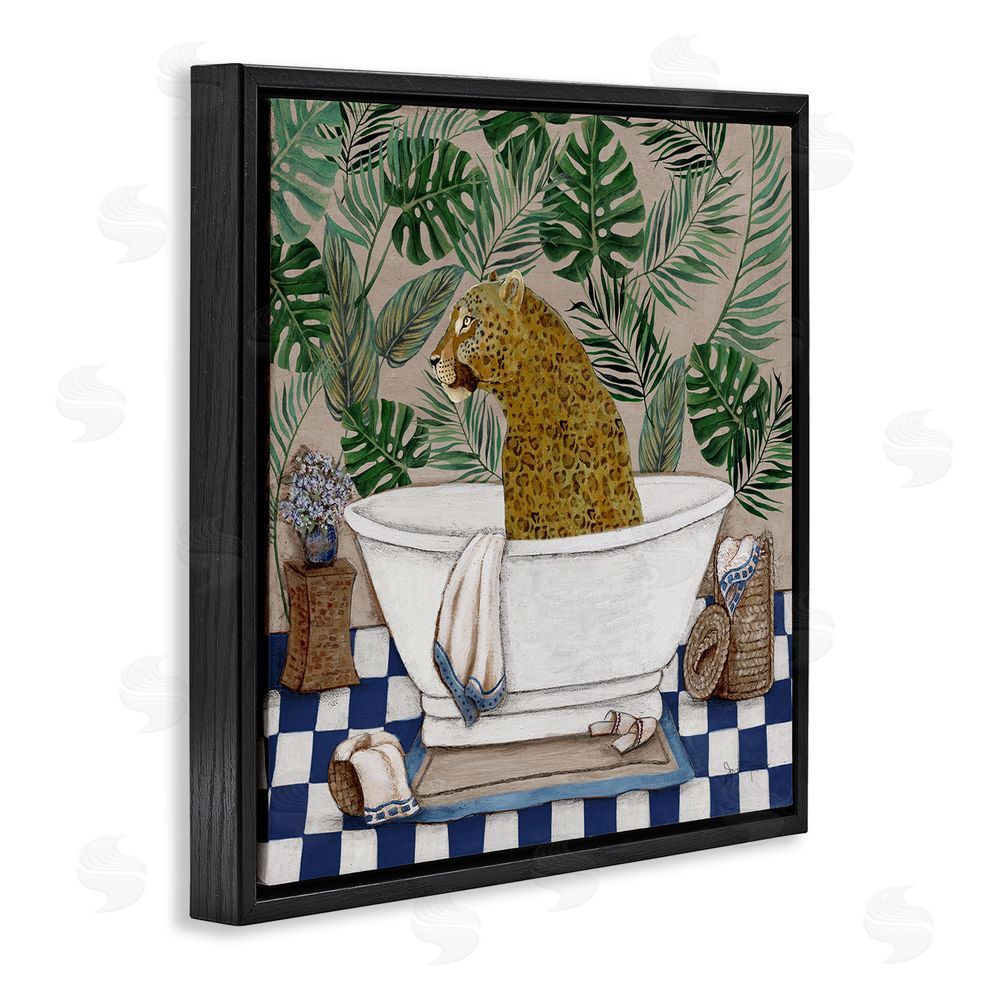 Janet Tava Leopard in Tropical Bathtub Black Floating Frame Canvas Wall Art Print