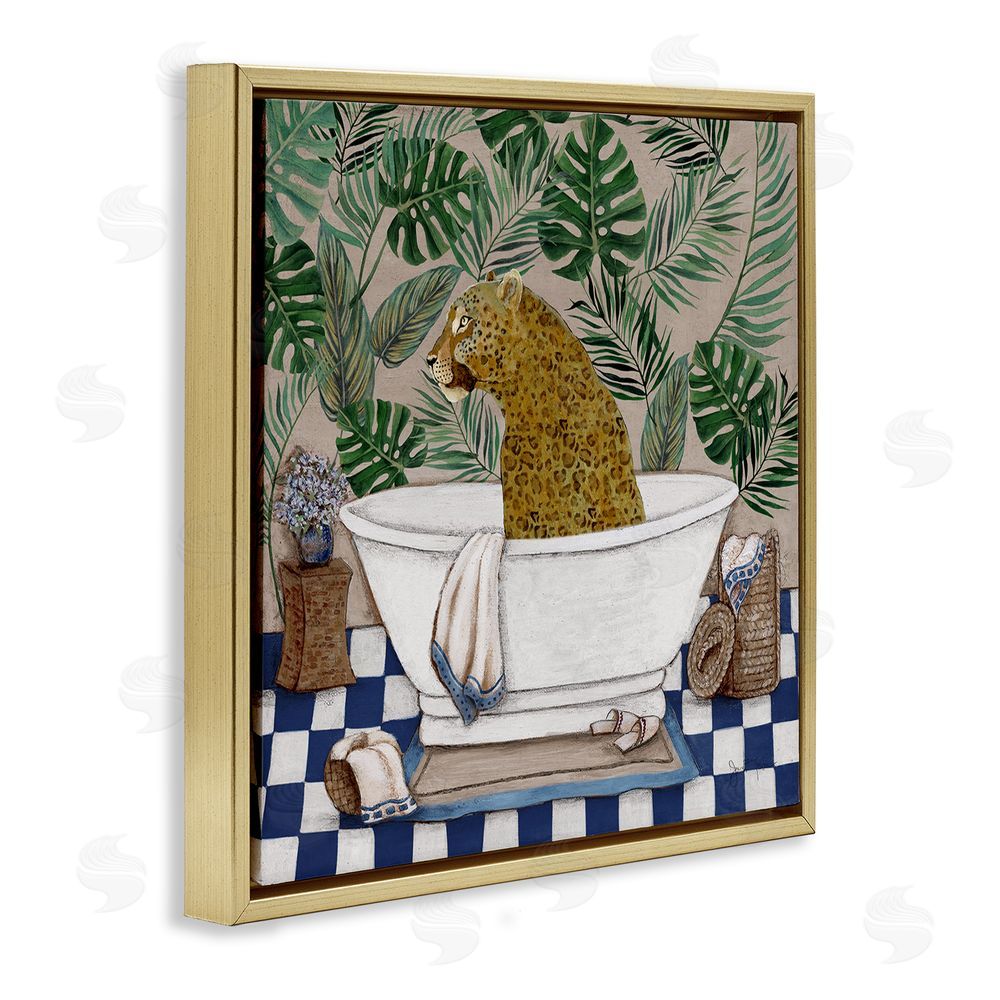Janet Tava Leopard in Tropical Bathtub Gold Floating Frame Canvas Wall Art Print