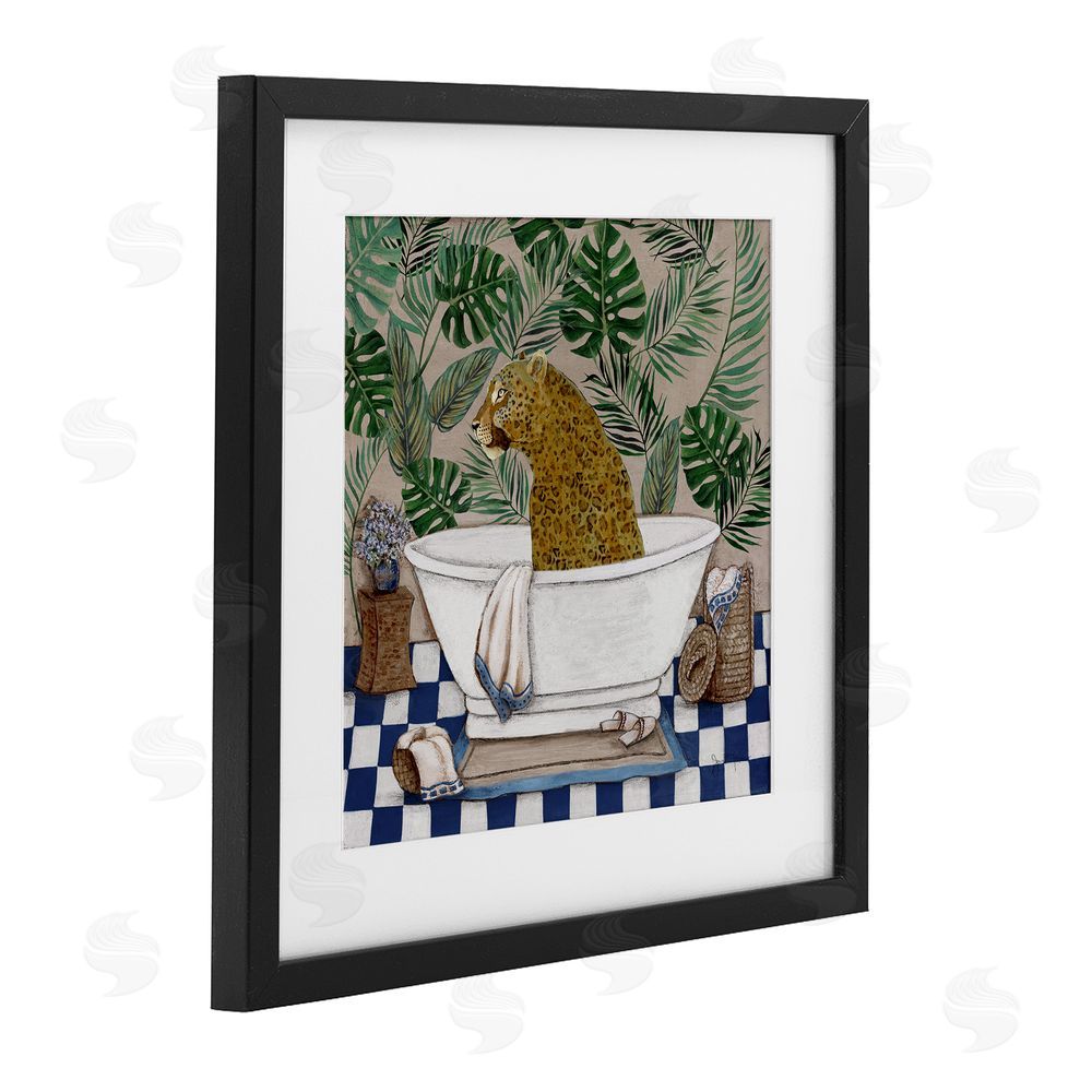 Janet Tava Leopard in Tropical Bathtub Black Framed Print Under Glass Wall Art