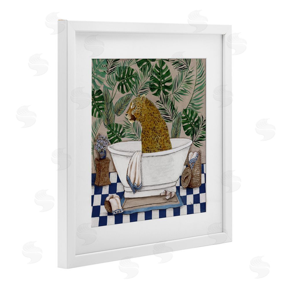 Janet Tava Leopard in Tropical Bathtub White Framed Print Under Glass Wall Art