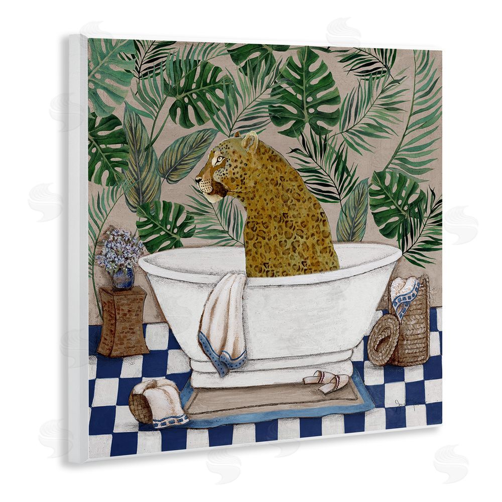 Janet Tava Leopard in Tropical Bathtub Wooden Wall Plaque Art Print