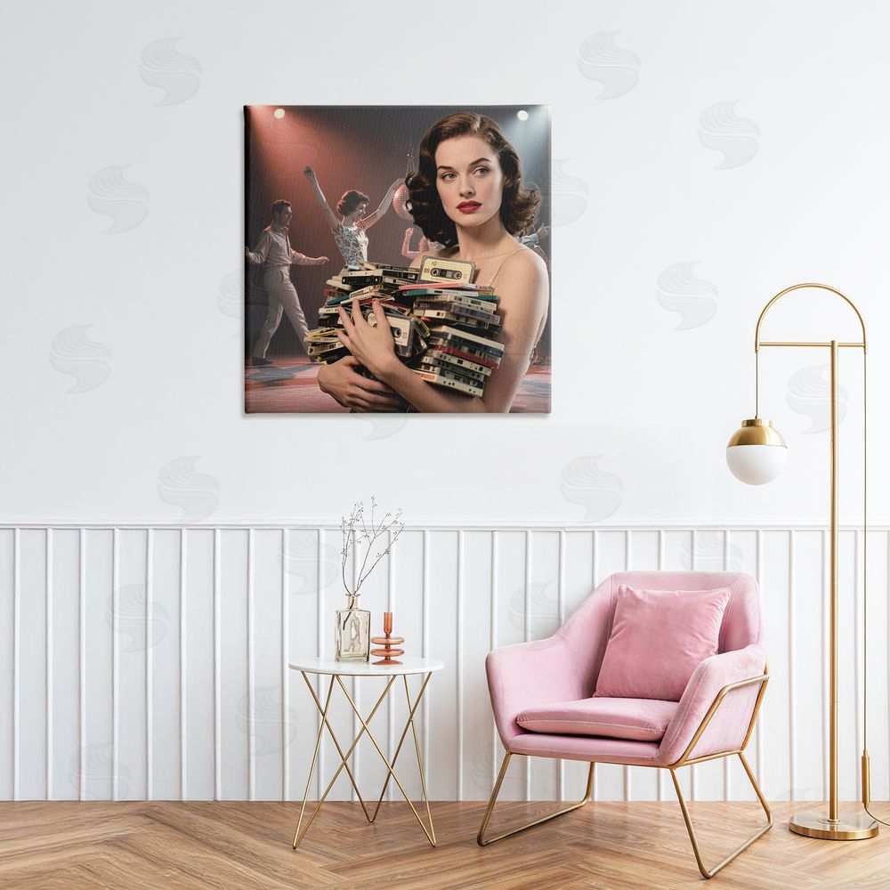 CAD Designs Woman Holding Vintage Cassette Collection Stretched Canvas Wall Art in Room