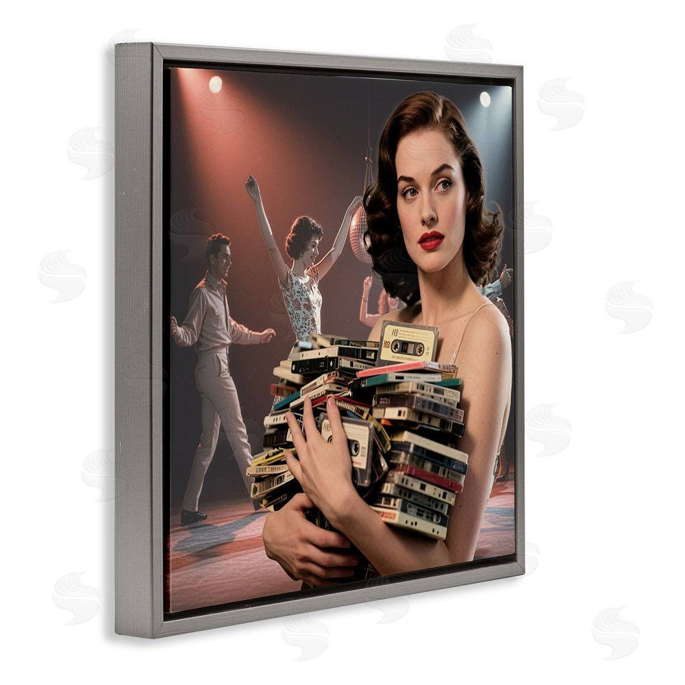 CAD Designs Woman Holding Vintage Cassette Collection Gray Floating Frame Canvas Wall Art Print