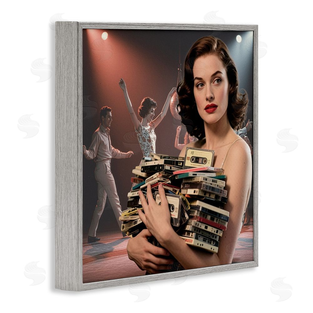 CAD Designs Woman Holding Vintage Cassette Collection Gray Framed Giclee Wall Art Print