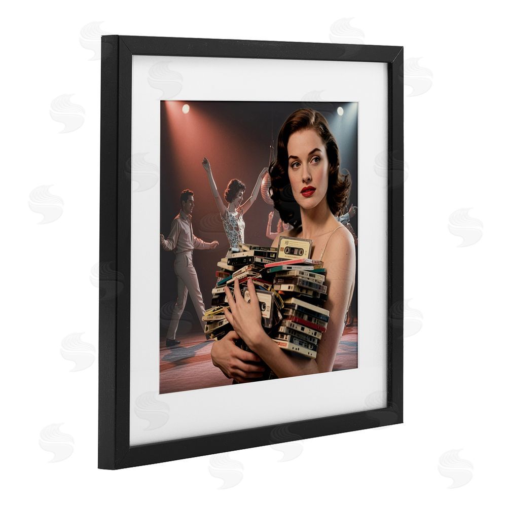 CAD Designs Woman Holding Vintage Cassette Collection Black Framed Print Under Glass Wall Art