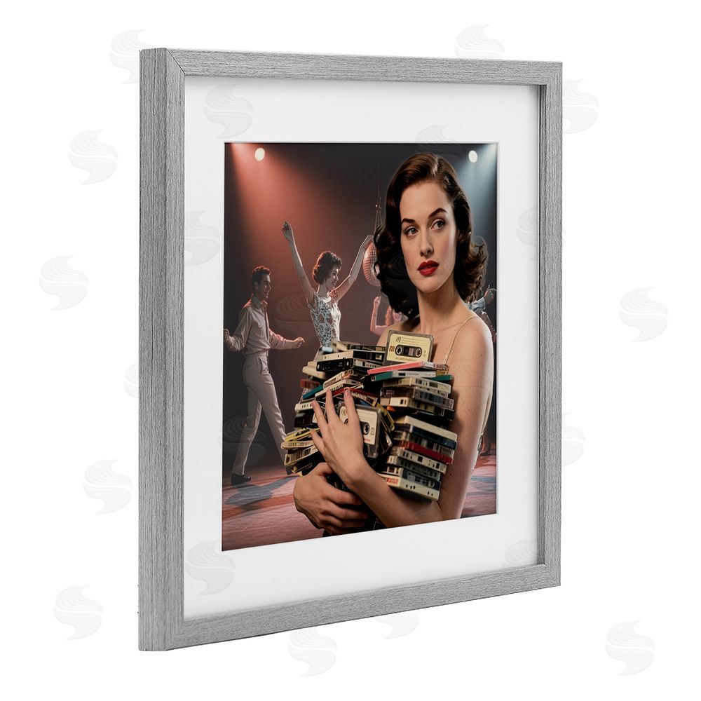 CAD Designs Woman Holding Vintage Cassette Collection Gray Framed Print Under Glass Wall Art