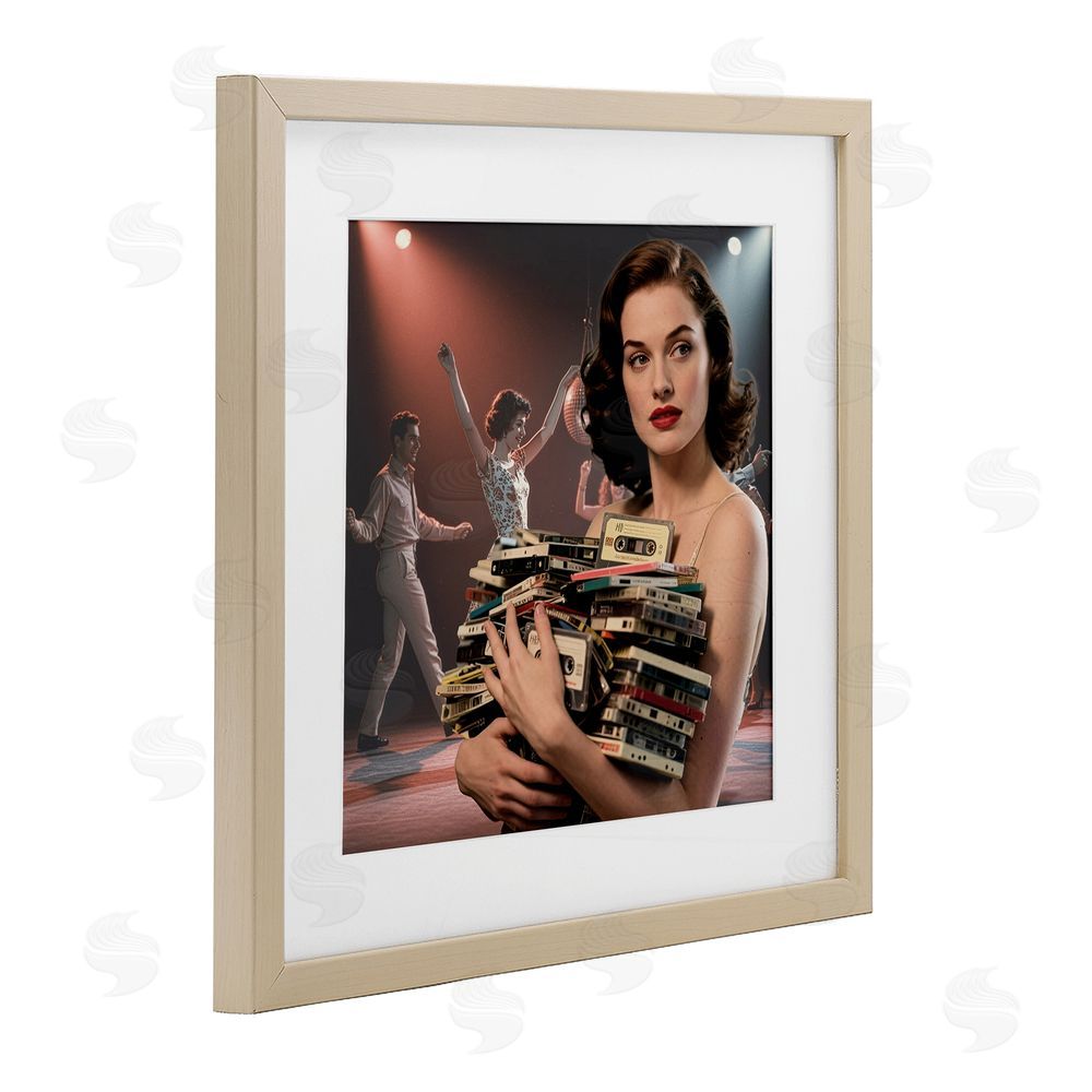 CAD Designs Woman Holding Vintage Cassette Collection Brown Framed Print Under Glass Wall Art