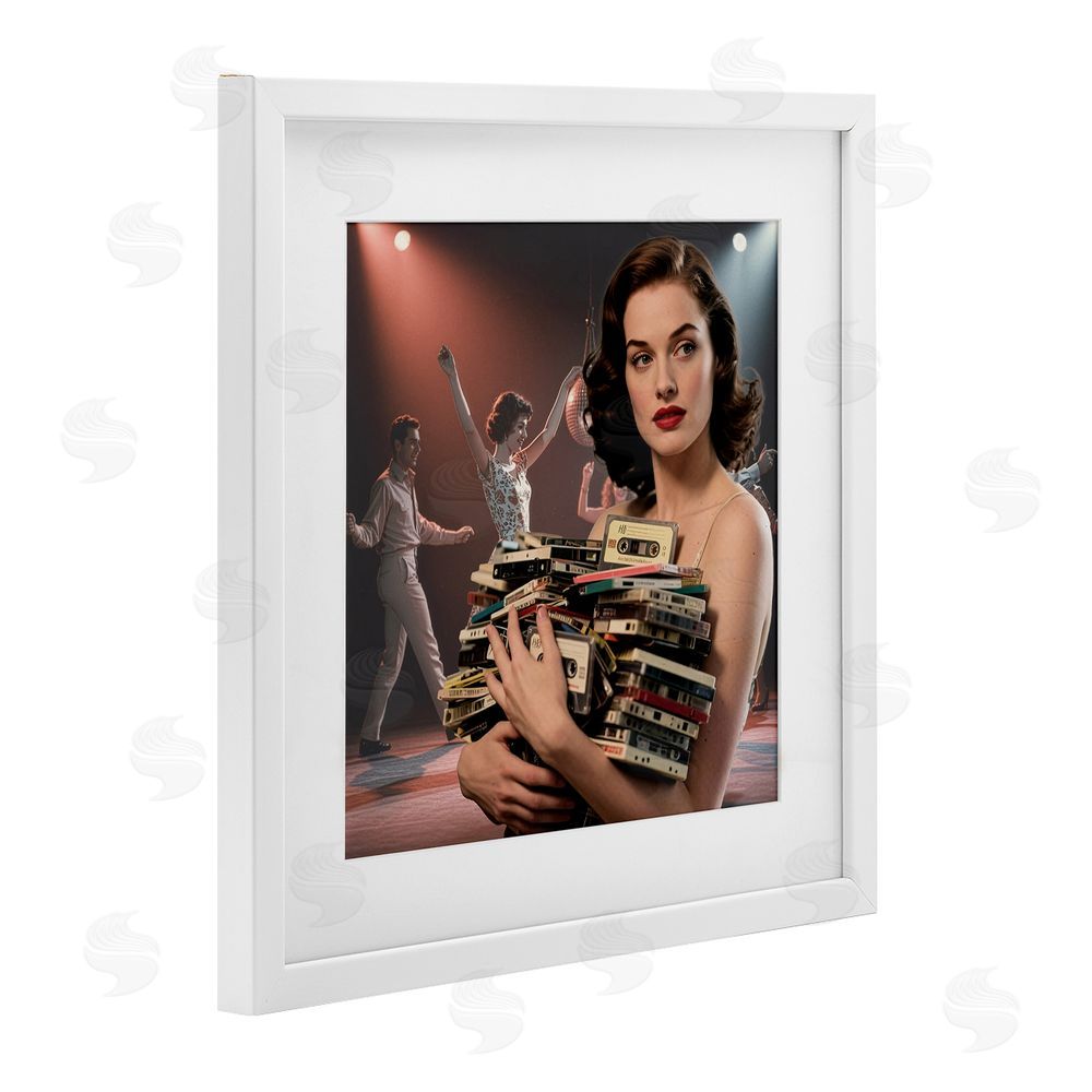 CAD Designs Woman Holding Vintage Cassette Collection White Framed Print Under Glass Wall Art