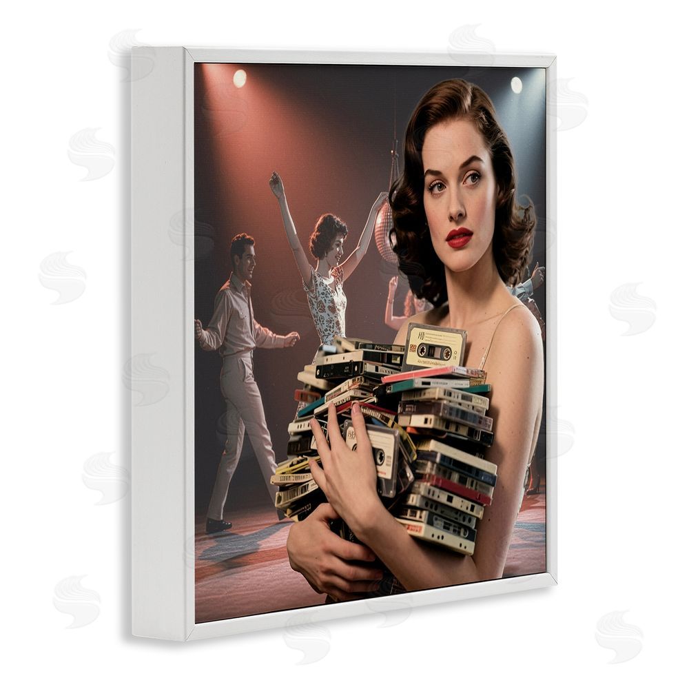 CAD Designs Woman Holding Vintage Cassette Collection White Framed Giclee Wall Art Print