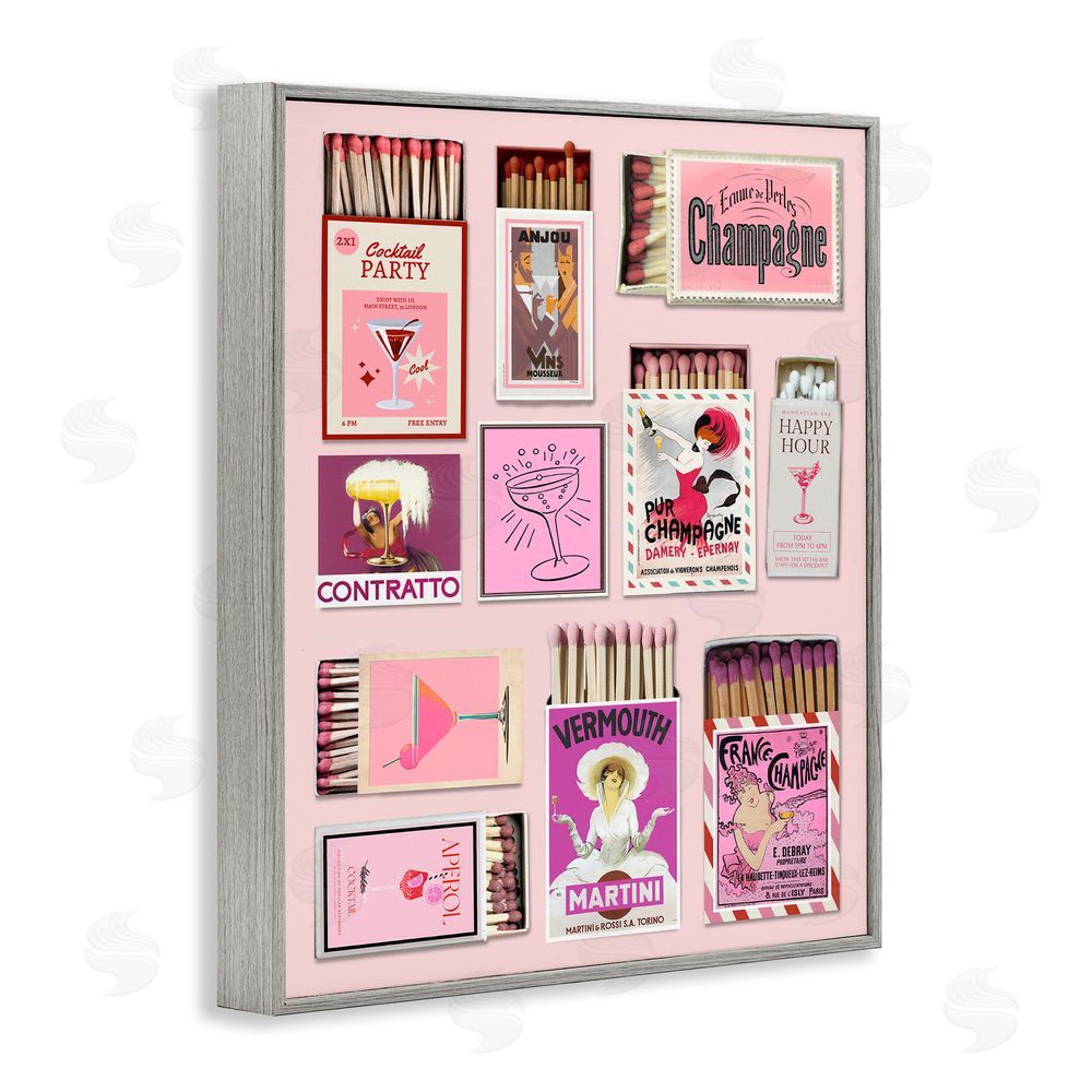 CAD Designs Champagne & Cocktail Matchboxes Gray Framed Giclee Wall Art Print