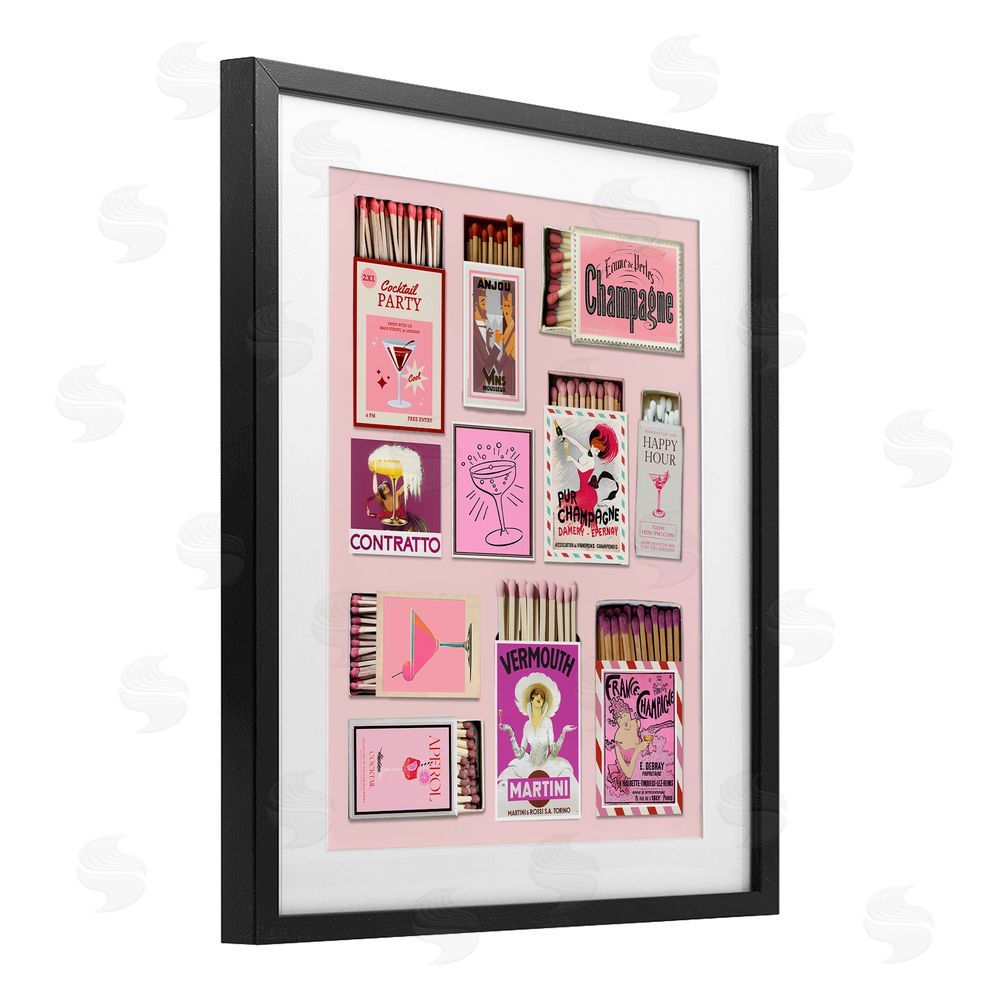 CAD Designs Champagne & Cocktail Matchboxes Black Framed Print Under Glass Wall Art